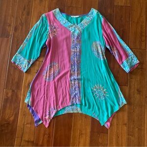Soft Surroundings Mystic Batik Celestial Sun Blue & Pink Colorblock Tunic Top xs